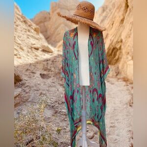 Festival/Beach/Pool Kimono in teal & pink Ikat print.